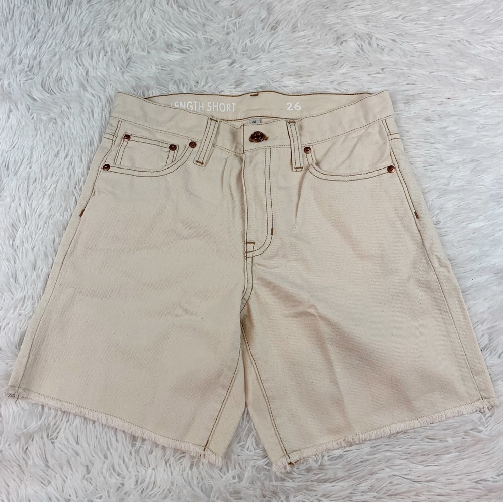 J Crew Hi rise Mid-length denim Bermuda short in ecru frayed hem - Picture 2 of 11